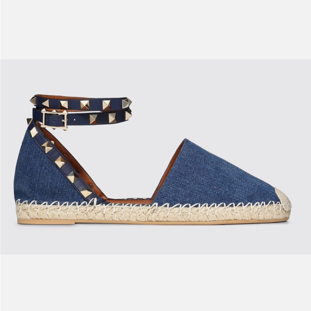 💯 Authentic Valentino Rockstud Blue Denim Wrap Around Ankle Strap Espadrille